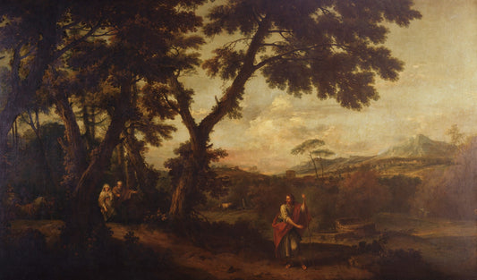 Wooded Landscape with the Meeting of Isaac and Rebecca, vintage artwork by Francesco Zuccarelli, 12x8" (A4) Poster