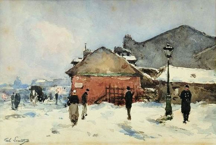 Walkers in Paris, Winter, vintage artwork by Paul Lecomte, 12x8" (A4) Poster