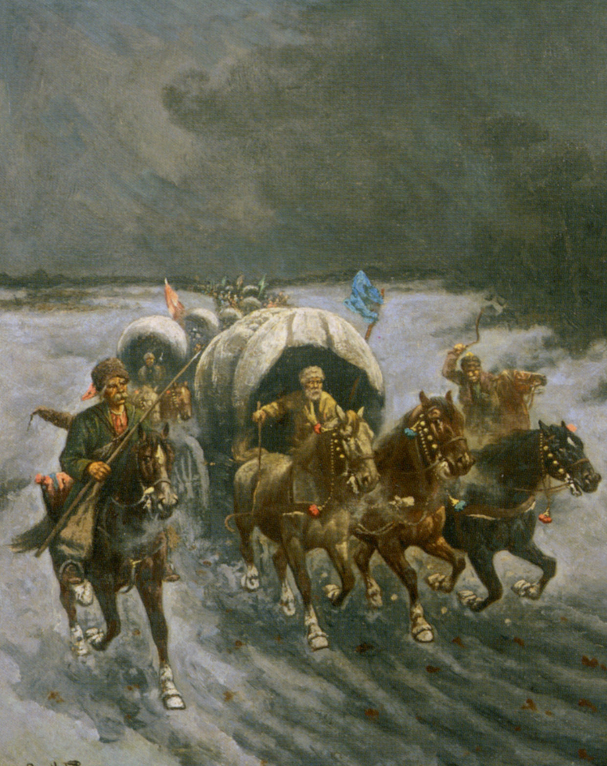 Russian Caravans in the Snow, vintage artwork by Constantin Stoiloff, 12x8" (A4) Poster