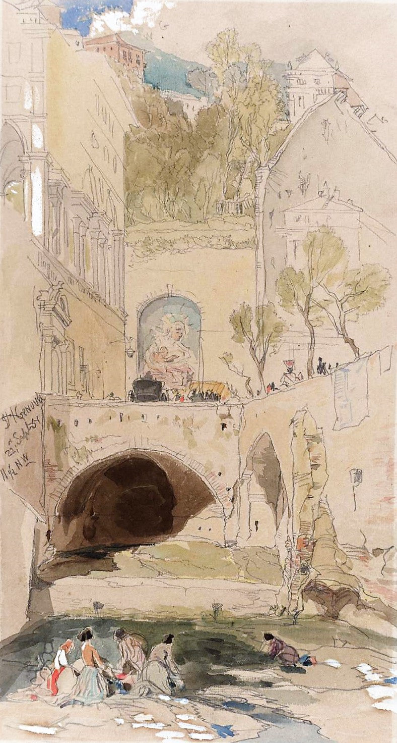 Genoa; Women Washing in a Stream beneath Buildings, vintage artwork by James Holland, A3 (16x12") Poster Print