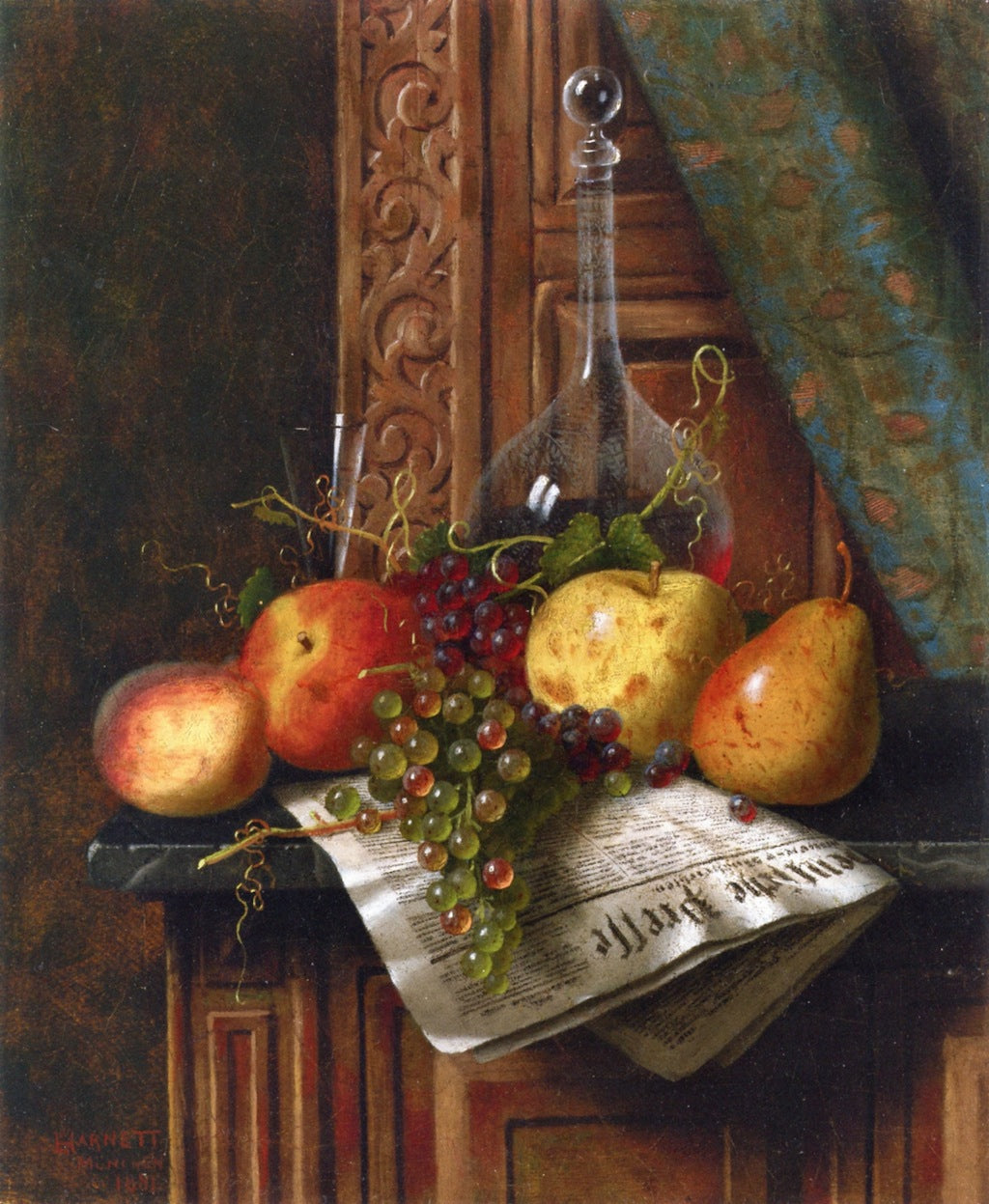 Still Life with Munich Newspaper, Fruit and Decanter, vintage artwork by William Michael Harnett, 12x8" (A4) Poster