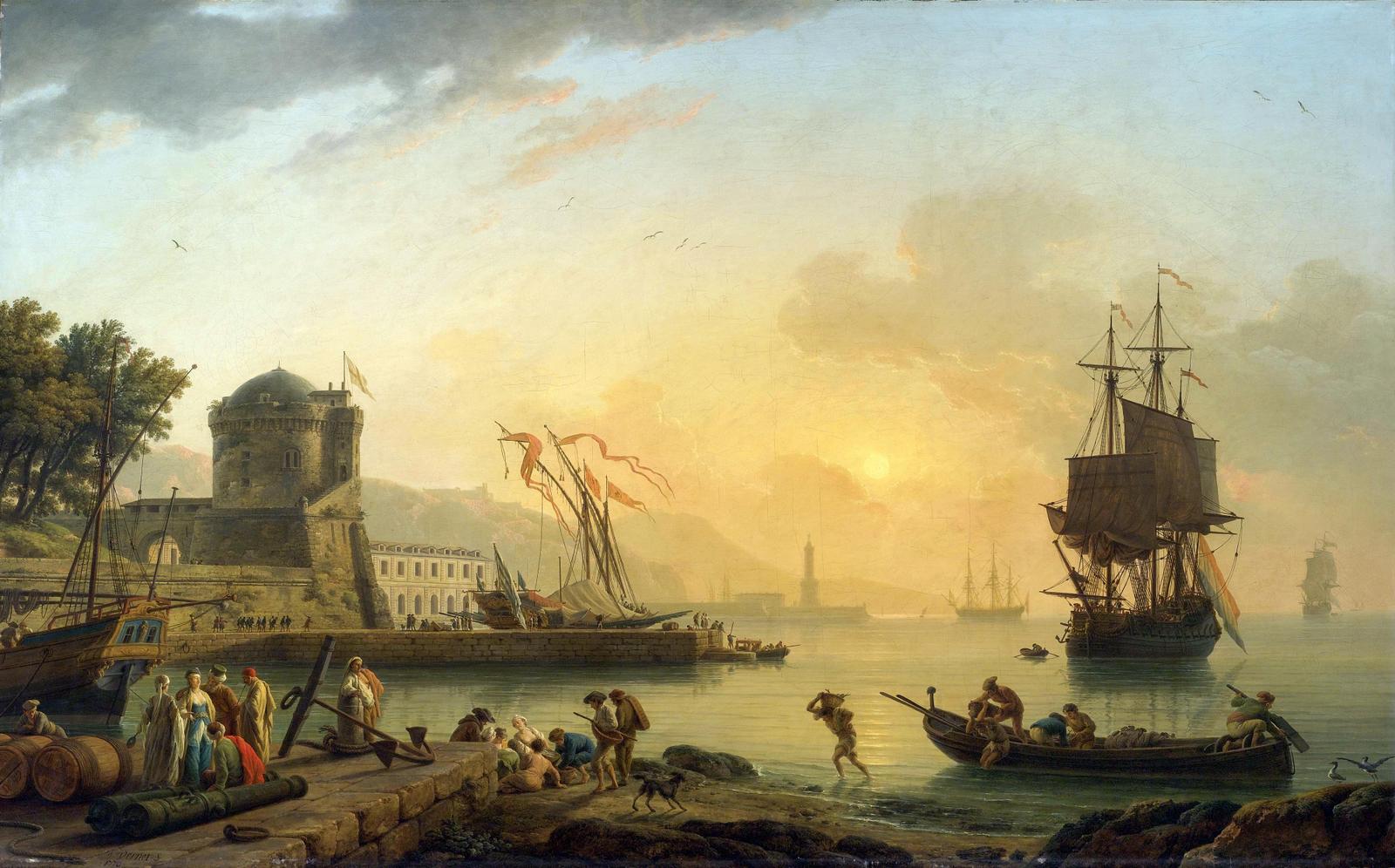 A Grand View of the Sea Shore Enriched with Buildings, Shipping and Figures, vintage artwork by Claude-Joseph Vernet, 12x8" (A4) Poster