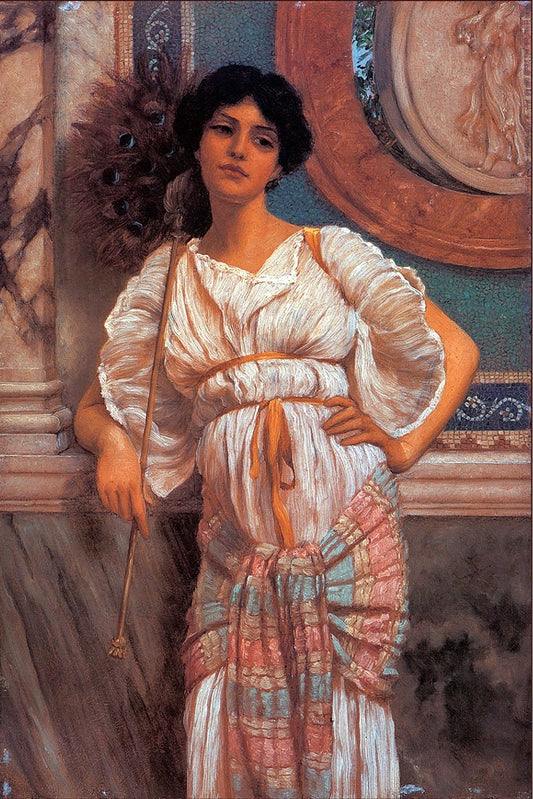 A Classical Beauty With A Peacock Fan (study), vintage artwork by John William Godward, 12x8" (A4) Poster