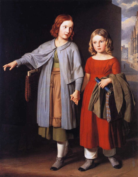 The Artist's Daughters on the Way to School, vintage artwork by Gustav Adolph Hennig, A3 (16x12") Poster Print