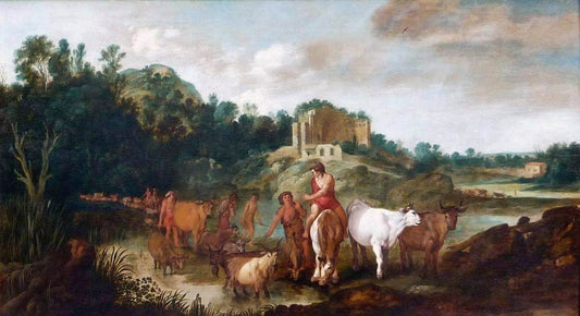 Landscape with Drovers and Their Animals Fording a River, vintage artwork by Moses van Uyttenbroeck, 12x8" (A4) Poster