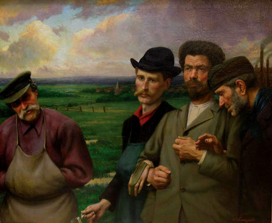 Workers returning from work, vintage artwork by Joseph Leempoels, 12x8" (A4) Poster