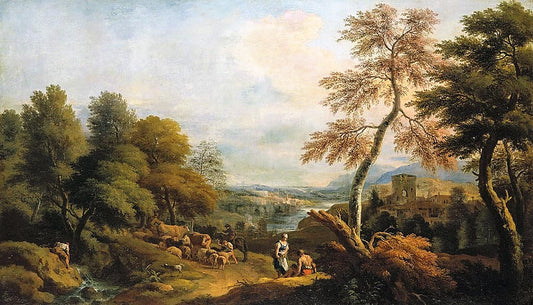 Landscape with Cattle and a Woman Speaking to a Seated Man, vintage artwork by Marco Ricci, 12x8" (A4) Poster