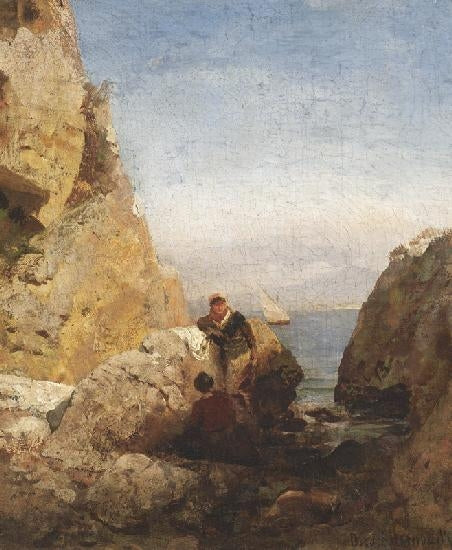 Fisherwoman at an South-Italian rocky Shore, vintage artwork by Oswald Achenbach, 12x8" (A4) Poster
