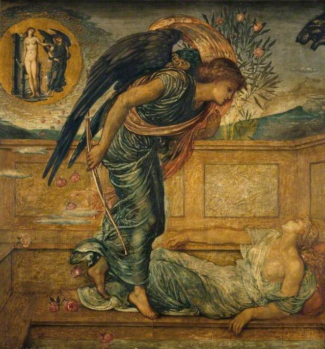 Cupid Finding Psyche Asleep by  a Fountain, vintage artwork by Sir Edward Burne-Jones, 12x8" (A4) Poster