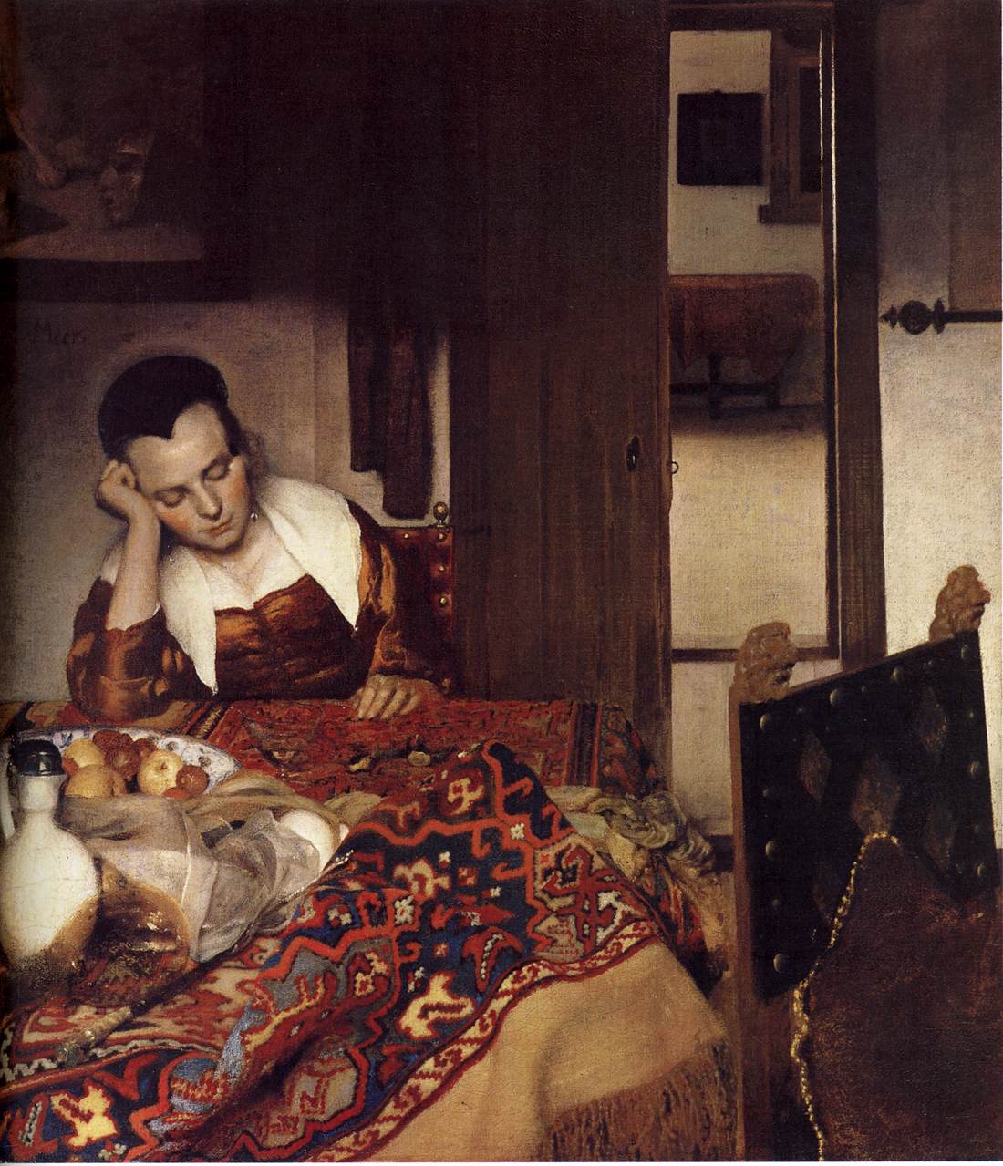 A Woman Asleep at Table, vintage artwork by Johannes Vermeer, 12x8" (A4) Poster
