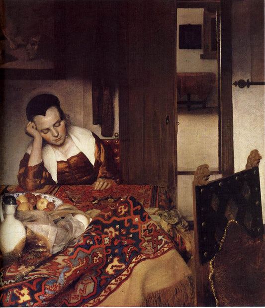 A Woman Asleep at Table, vintage artwork by Johannes Vermeer, 12x8" (A4) Poster