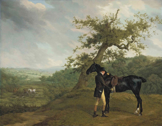 George Irving with his black hunter beneath a blasted oak, vintage artwork by Jacques-Laurent Agasse, 12x8" (A4) Poster