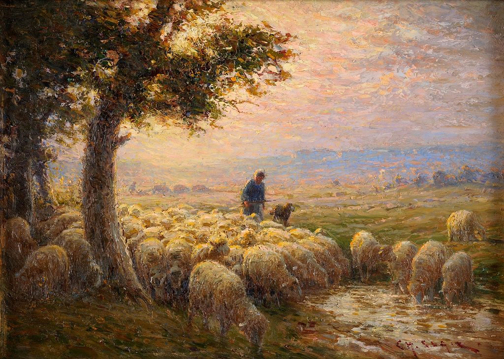 Flock of sheep on a summer day by Charles Clair,A3(16x12")Poster