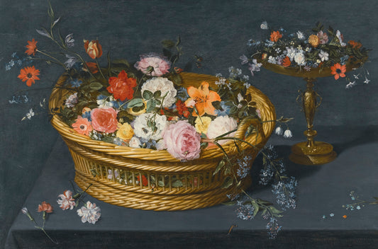 Still life with a gilt tazza and a basket filled with flowers, vintage artwork by Jan Brueghel the Younger, 12x8" (A4) Poster