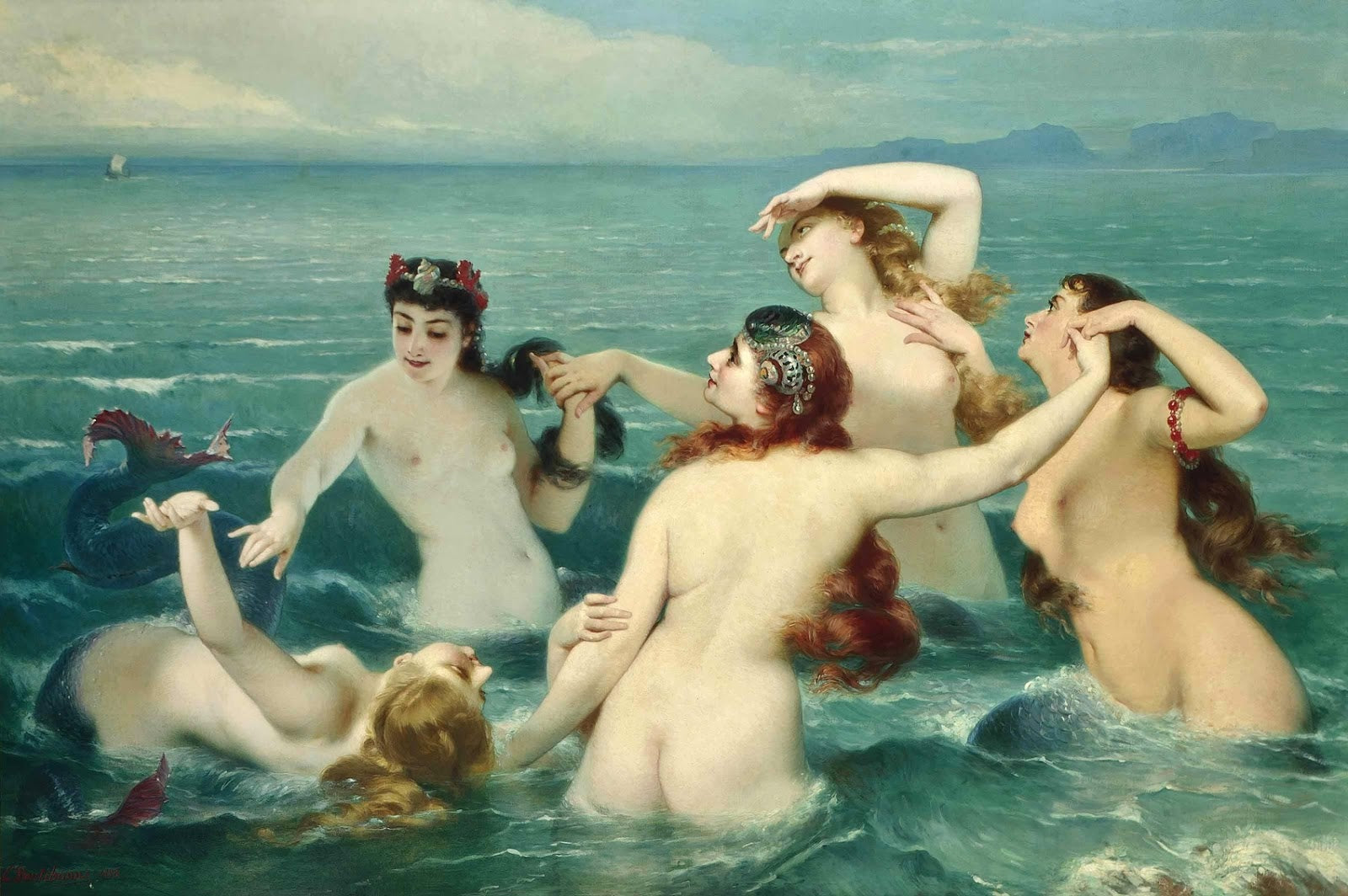 Mermaids frolicking, vintage artwork by Charles Edouard Boutibonne, A3 (16x12") Poster Print