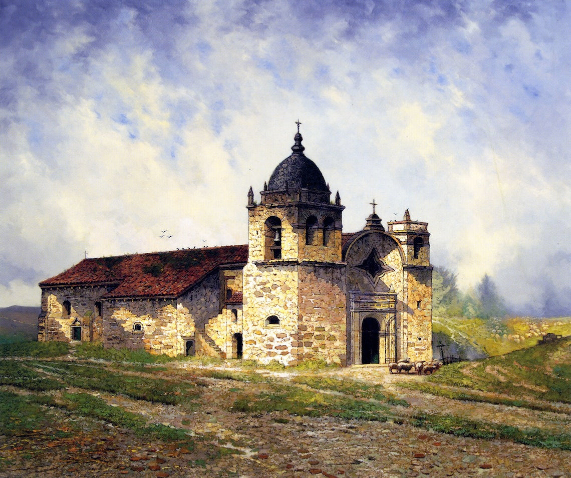 Mission San Carlos Borromeo del Río Carmelo, vintage artwork by Edwin Deakin, 12x8" (A4) Poster