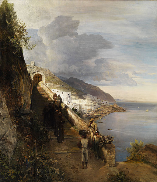 The Amalfi Coast with Stairs to the Capuchin Monastery, vintage artwork by Oswald Achenbach, 12x8