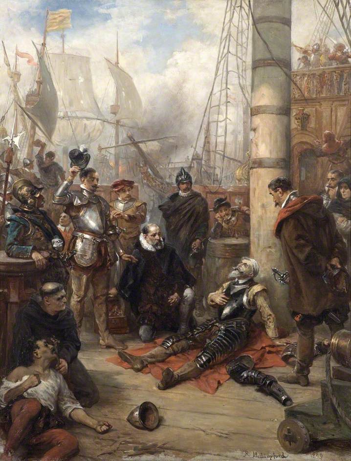 The Death of Captain Grenville, Captain of the 'Revenge', vintage artwork by Robert Alexander Hillingford, 12x8" (A4) Poster
