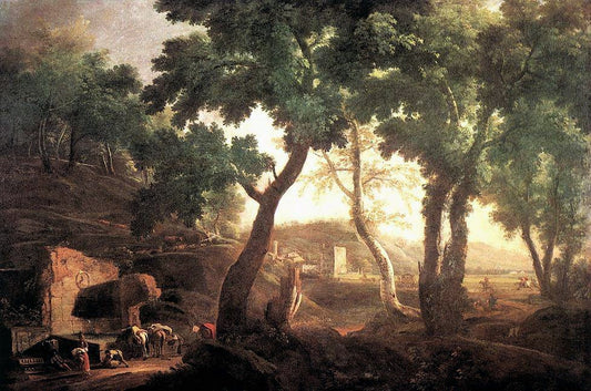 Landscape with Watering Horses, vintage artwork by Marco Ricci, 12x8" (A4) Poster