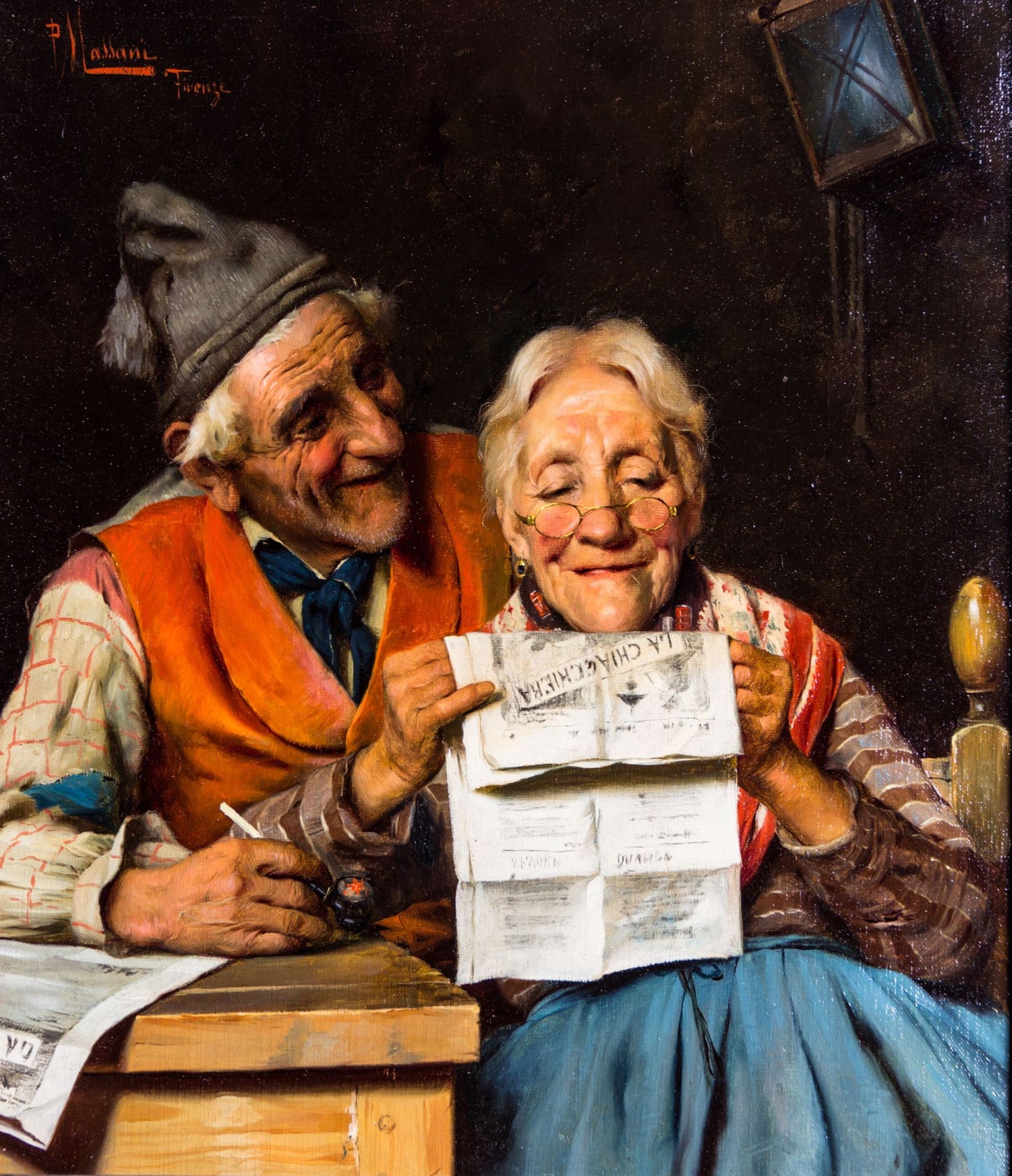 Elderly Couple Reading a Newspaper, vintage artwork by Pompeo Massani, 12x8" (A4) Poster