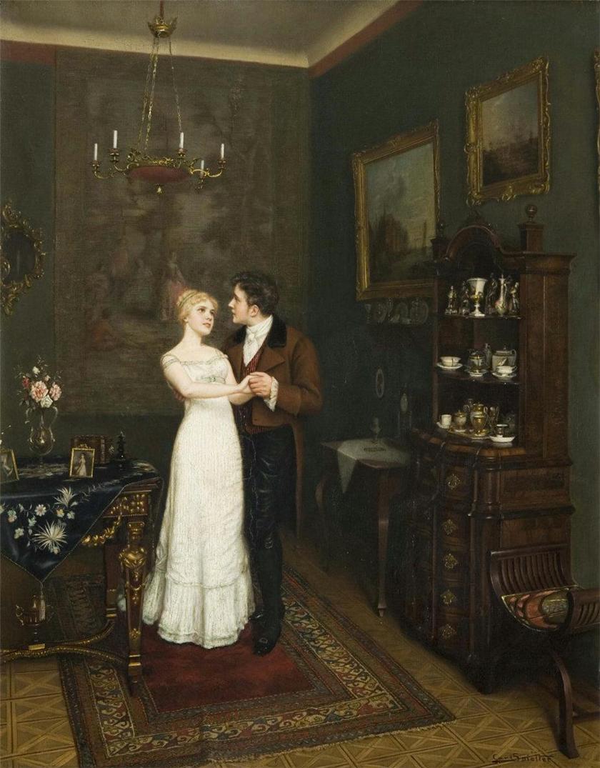 Young Couple in an Interior, vintage artwork by Carl Johann Spielter, 12x8" (A4) Poster