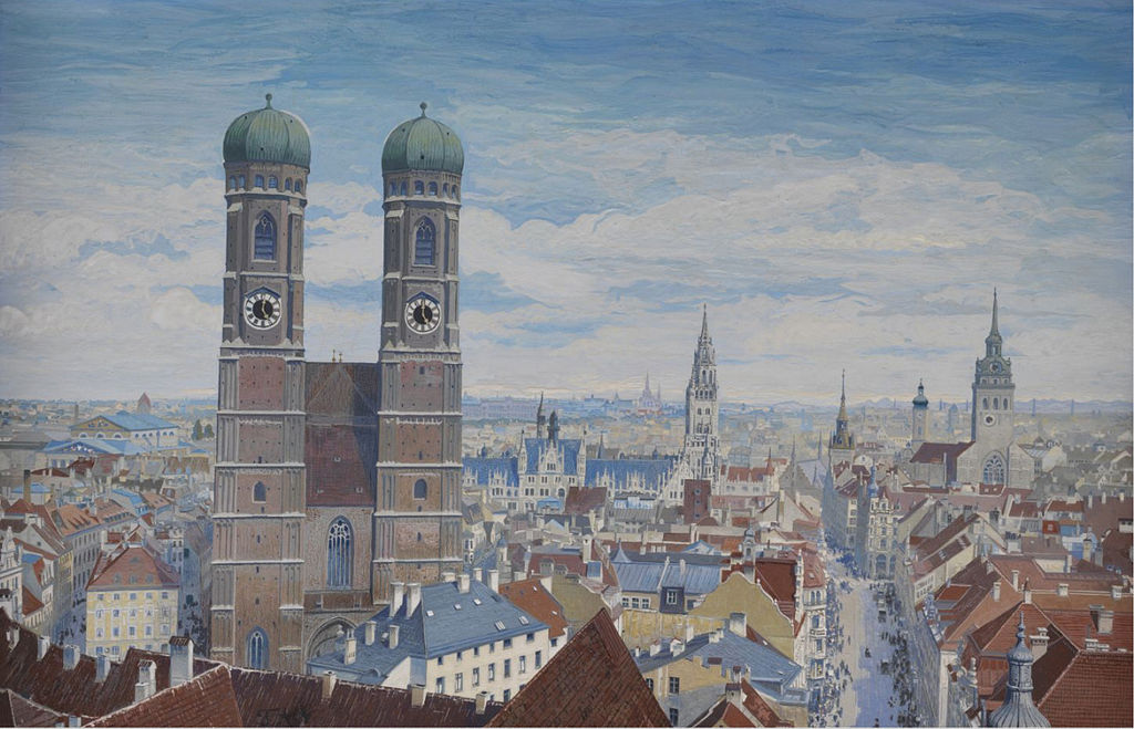 Marienkirche and View over Munich, vintage artwork by Franz von Alt, A3 (16x12") Poster Print