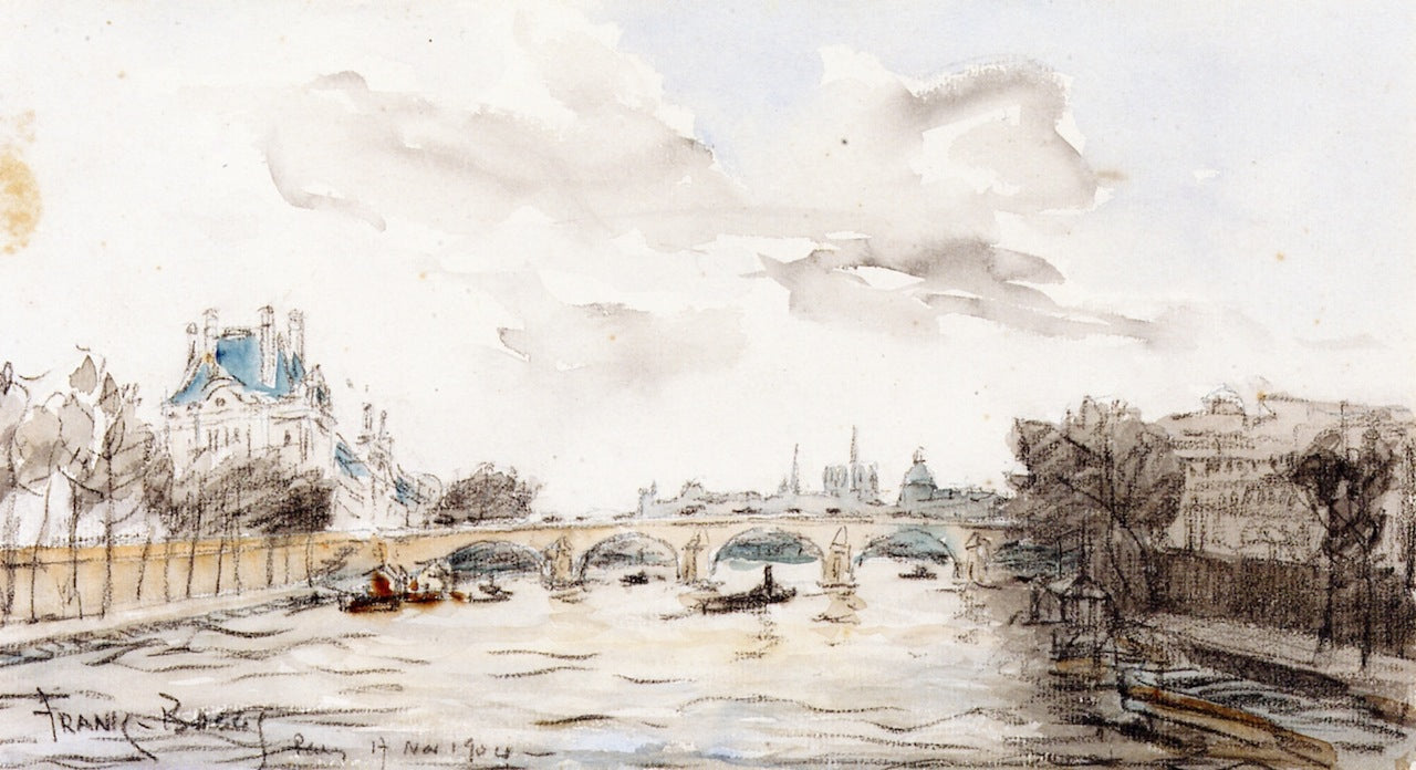The Quays, the Louvre and Notre Dame, Paris, vintage artwork by Frank Myers Boggs, 12x8" (A4) Poster