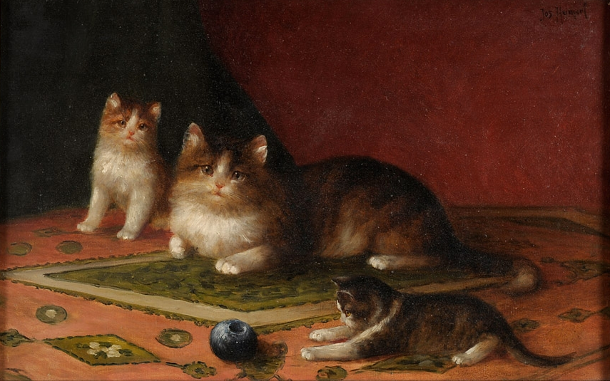 A Cat Family, vintage artwork by Josef Heimerl, 12x8" (A4) Poster