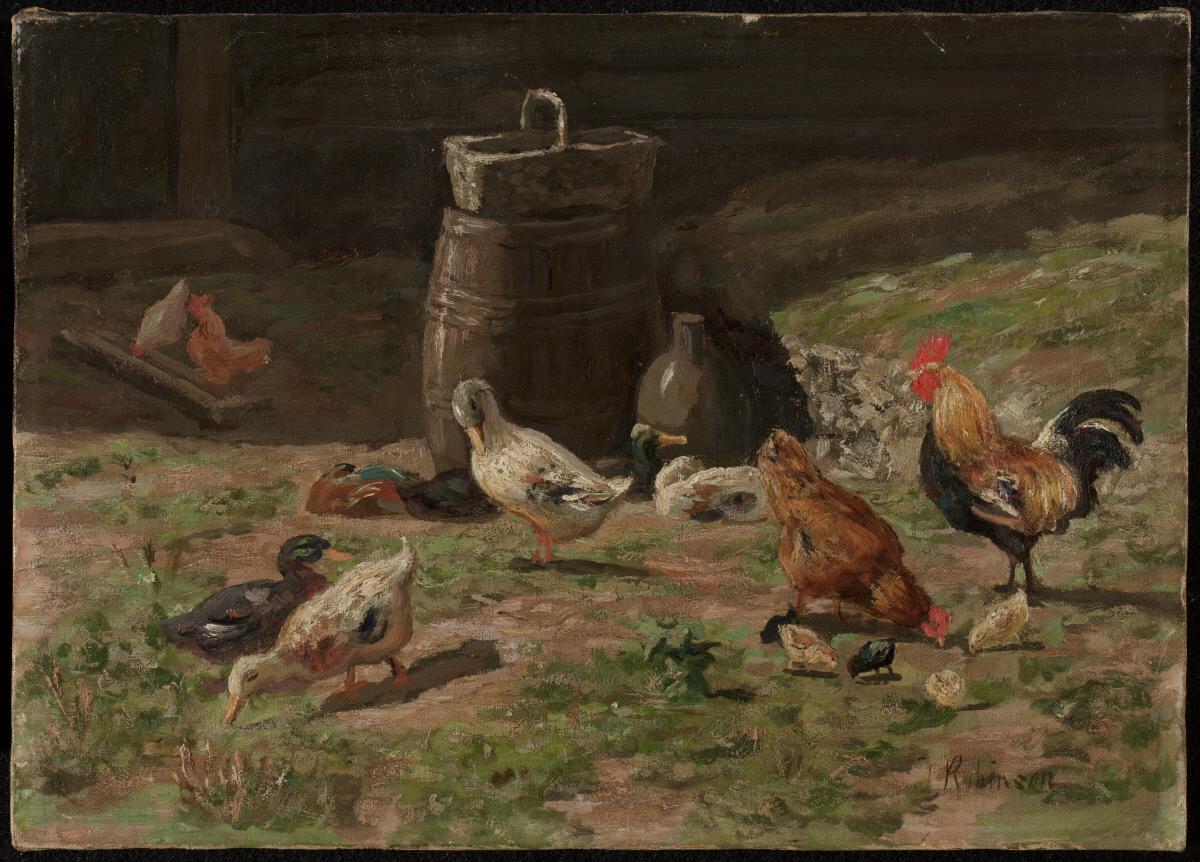 Fowls in Yard, vintage artwork by Thomas Harris Robinson, 12x8" (A4) Poster