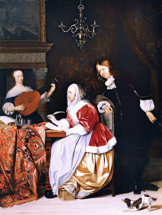 A Woman Composing Music, with an Inquisitive Man, vintage artwork by Gabriël Metsu, 12x8" (A4) Poster
