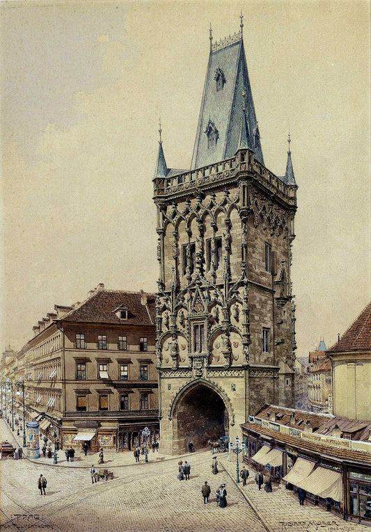 Prague, the Powder Tower, vintage artwork by Richard Moser, 12x8" (A4) Poster