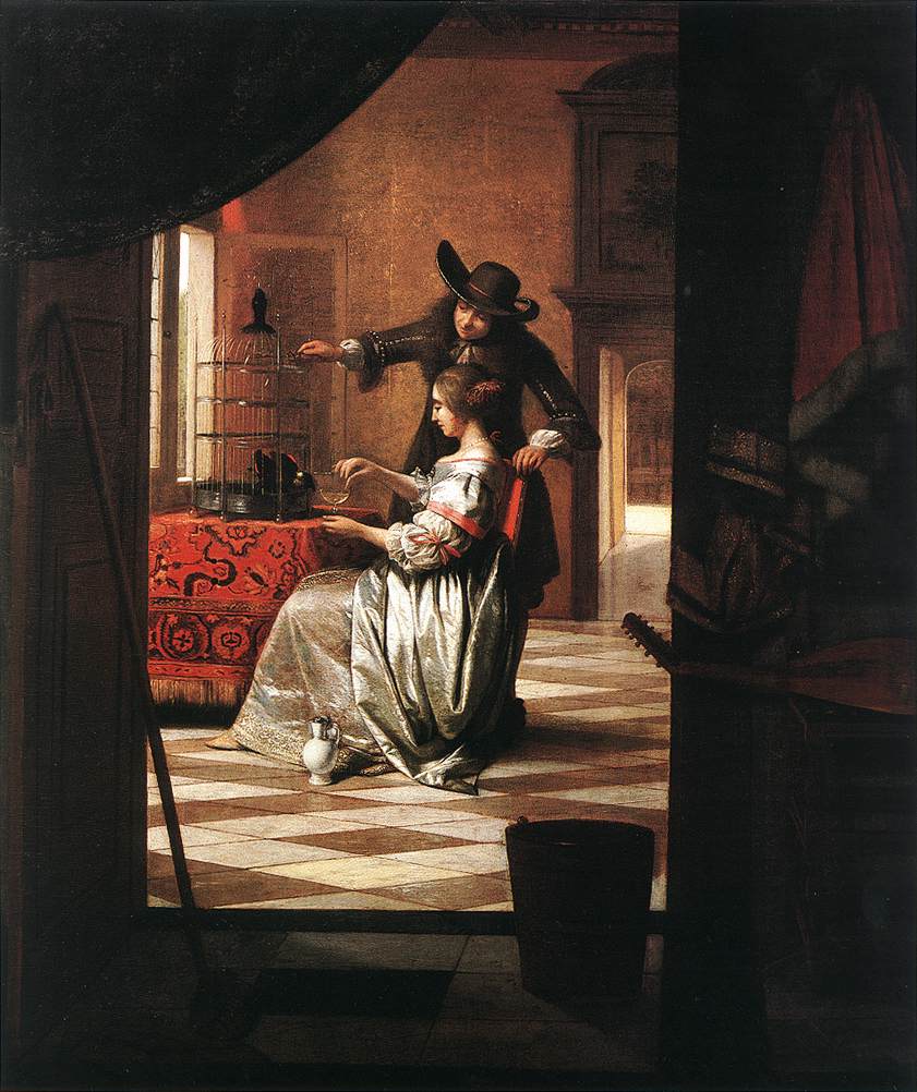 Couple with Parrot, vintage artwork by Pieter de Hooch, 12x8" (A4) Poster
