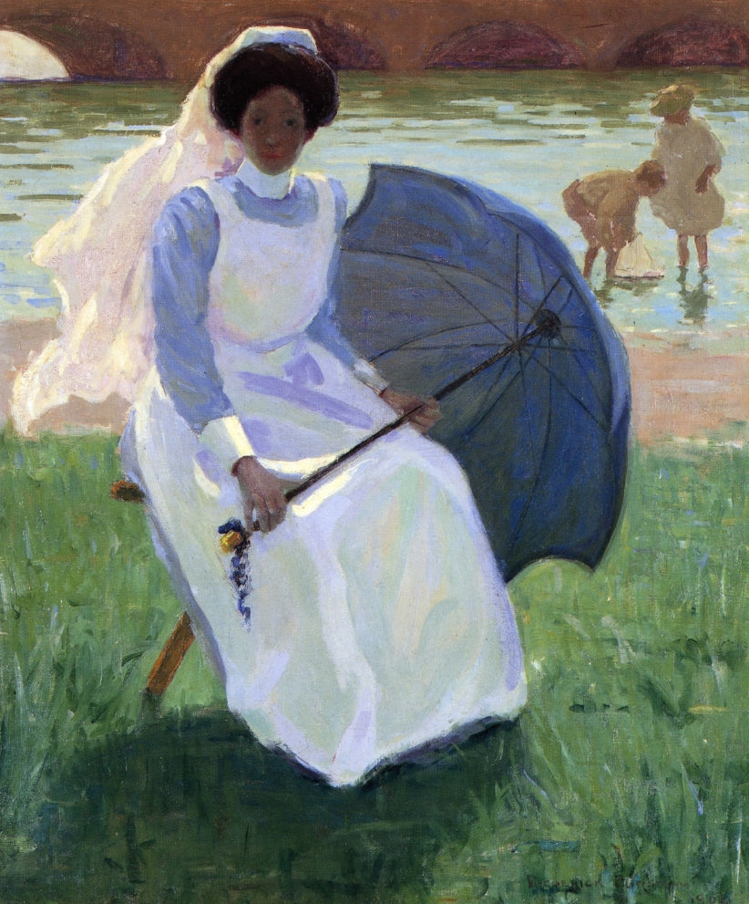 Woman with Green Parasol, vintage artwork by Frederick Frary Fursman, 12x8" (A4) Poster
