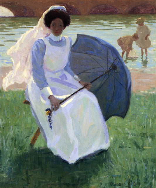 Woman with Green Parasol, vintage artwork by Frederick Frary Fursman, 12x8" (A4) Poster