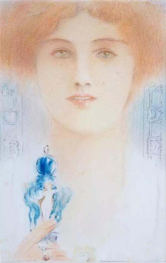 Un Masque a la tenture mauve, vintage artwork by Fernand Khnopff, 12x8" (A4) Poster