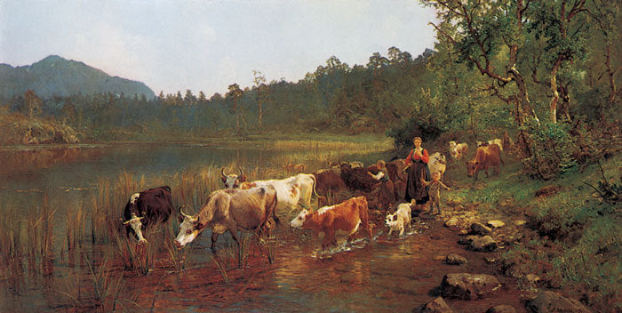 Summer by  the Lakeside, vintage artwork by Anders Monsen Askevold, 12x8" (A4) Poster