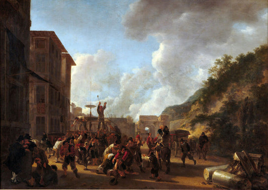 Party and Brawl on the Outskirts of the Spanish Embassy in Rome, vintage artwork by Jan Both, 12x8" (A4) Poster