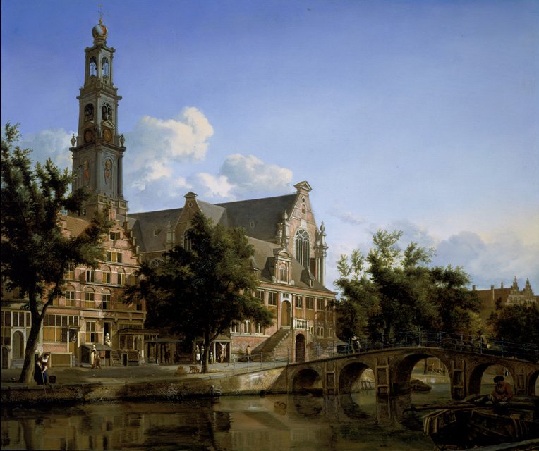 A View of the Keizersgracht and the Westerkerk in Amsterdam, vintage artwork by Jan van der Heyden, 12x8" (A4) Poster