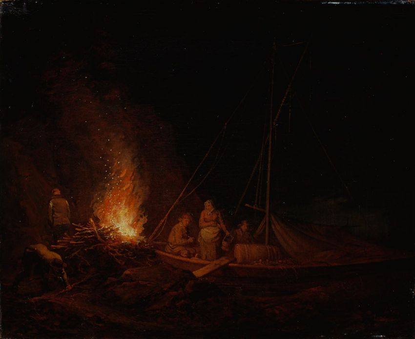 Fishermen by  the Fire, vintage artwork by Alexander Laureus, 12x8" (A4) Poster