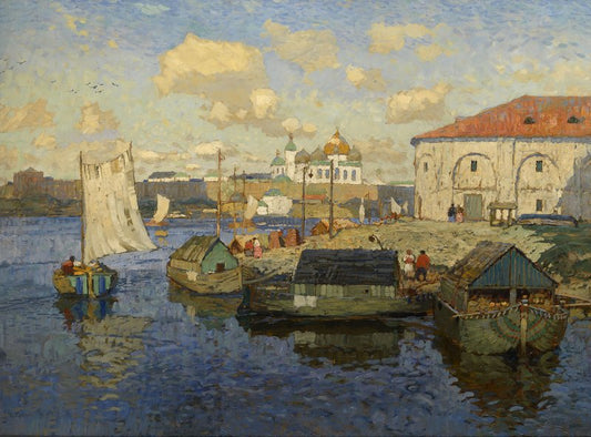Barges in Novgorod, vintage artwork by Konstantin Gorbatov, 12x8" (A4) Poster