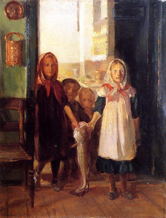 Little Girls with a Cod, vintage artwork by Anna Ancher, 12x8" (A4) Poster