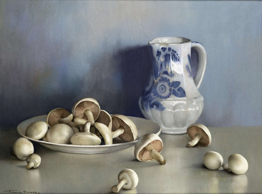 Still Life with Mushrooms and a Pitcher, vintage artwork by Firmin Baes, 12x8" (A4) Poster
