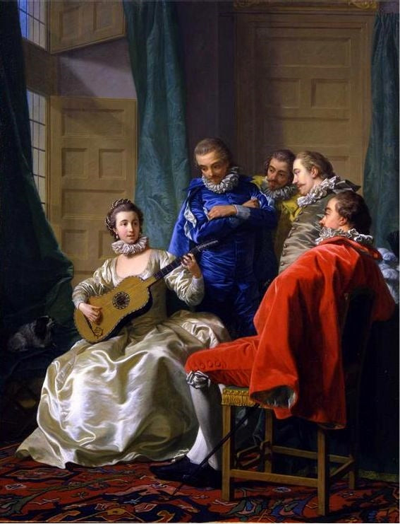 Une Espagnole Jouant De La Guitare, vintage artwork by Louis-Michel Van Loo, 12x8" (A4) Poster