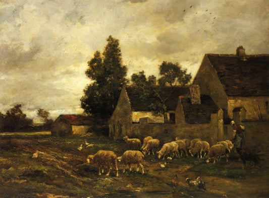 Shepherdess and Her Flock, vintage artwork by Charles-Émile Jacque, A3 (16x12") Poster Print