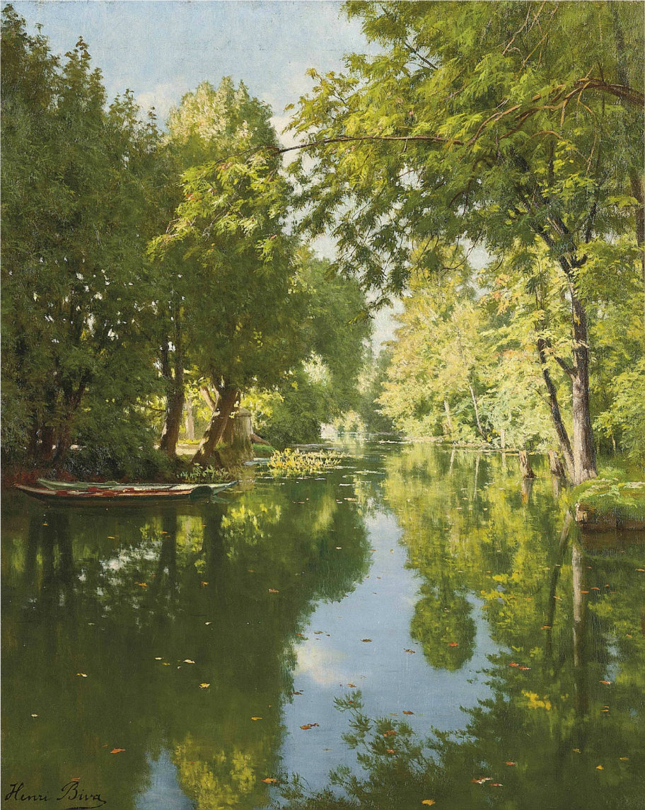 Punts Moored on Still Waters, vintage artwork by Henri Biva, 12x8" (A4) Poster