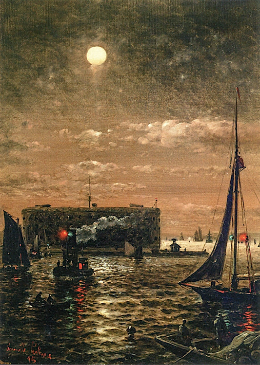 Moonlight over New York Harbor, vintage artwork by Granville Perkins, 12x8" (A4) Poster