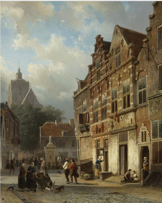 The Koopmansstraat and Market, Brielle, vintage artwork by Cornelis Springer, A3 (16x12") Poster Print
