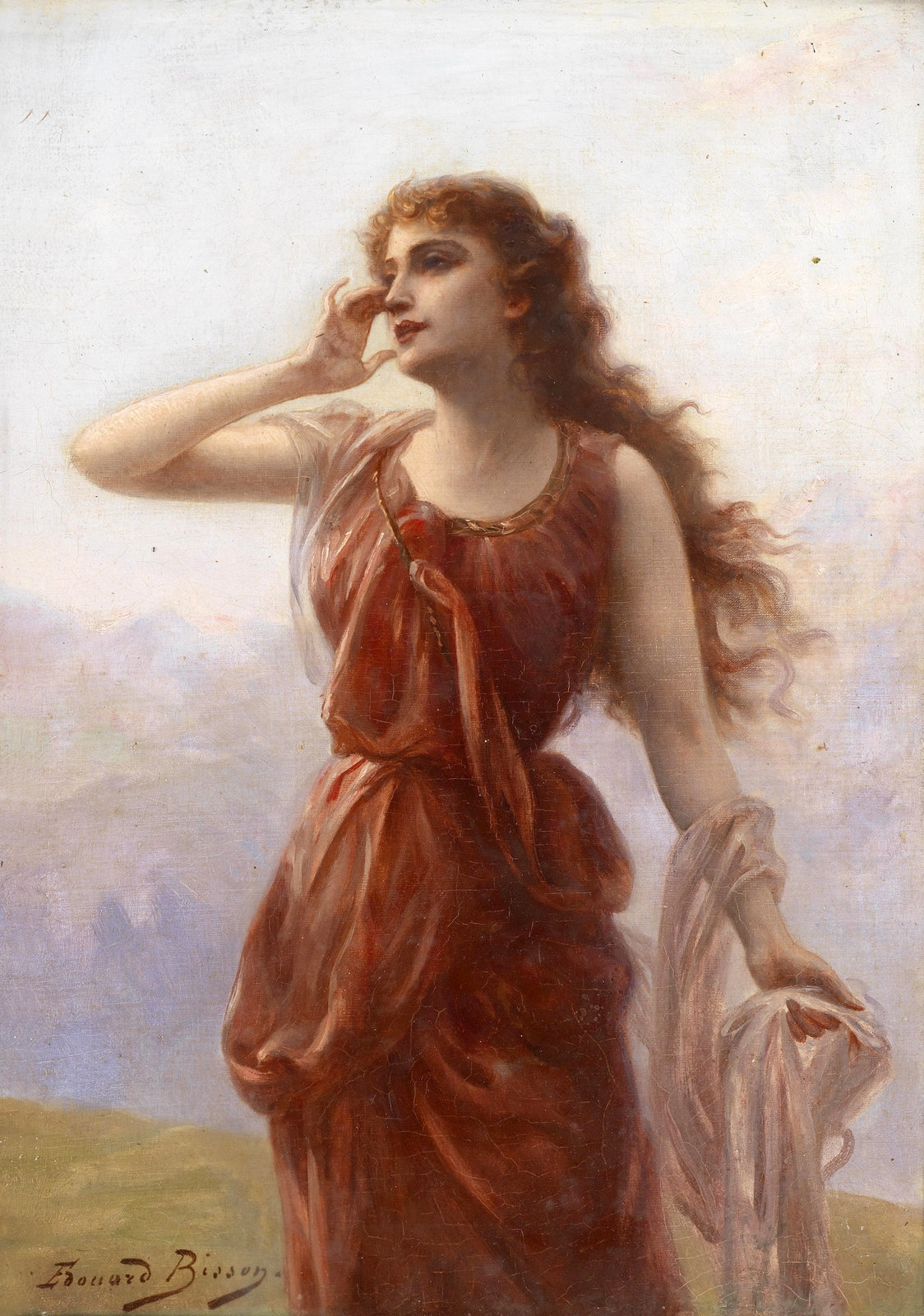 A young woman in red with a longing gaze by Edouard Bisson,A3(16x12")Poster