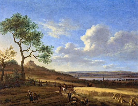 Panoramic Summer Landscape with a Horseman and a Post Wagon, vintage artwork by Adriaen van de Velde, 12x8" (A4) Poster