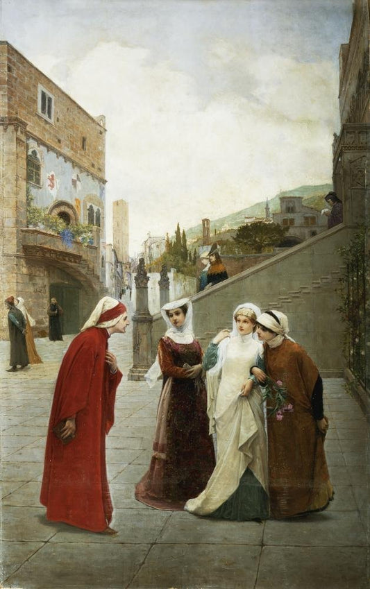 The Meeting of Dante and Beatrice, vintage artwork by Lorenzo Valles, 12x8" (A4) Poster
